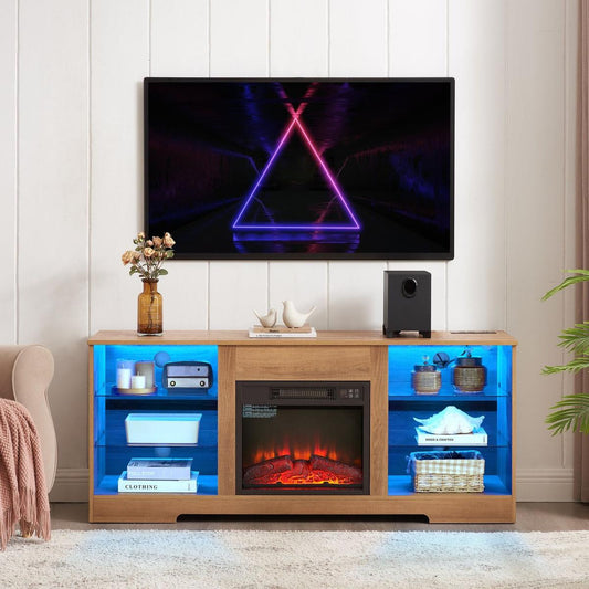 TV Stand Electric Fireplace Glass Shelves, 3D Fireplace TV Stand with LED Lights Wood with USB Charging Outlet Modern Television Table Center for TV up to 62" OAK 58"W*15.5"D*24.4