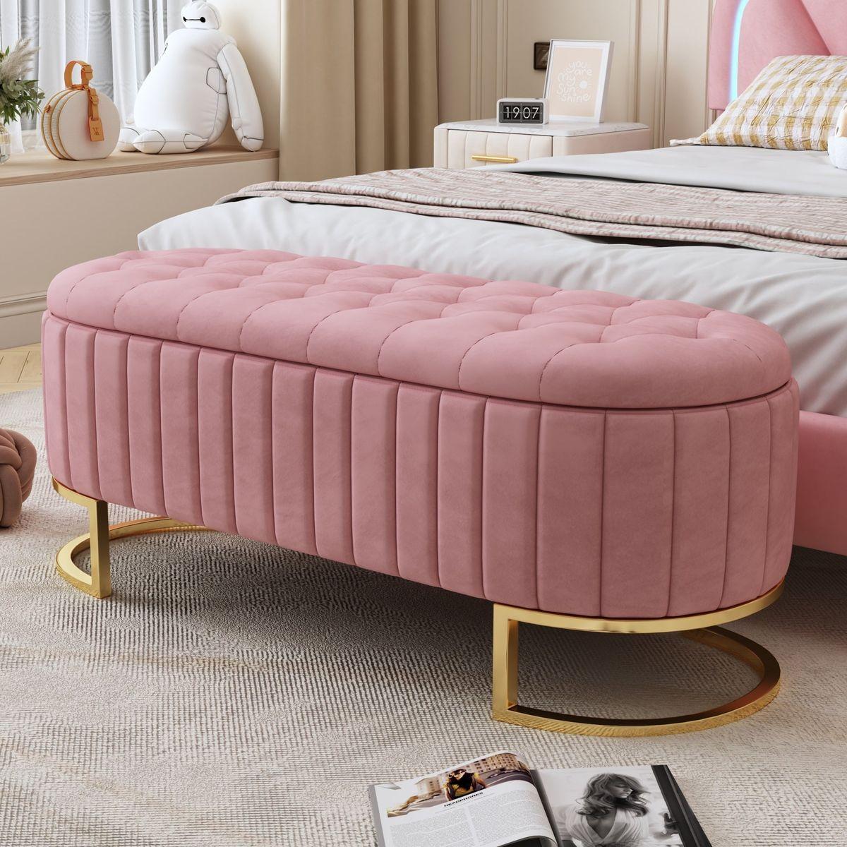 Elegant Upholstered Velvet Storage Ottoman with Button-Tufted,Storage Bench with Metal Legs for Bedroom,Living Room,Fully Assembled Except Legs,Pink