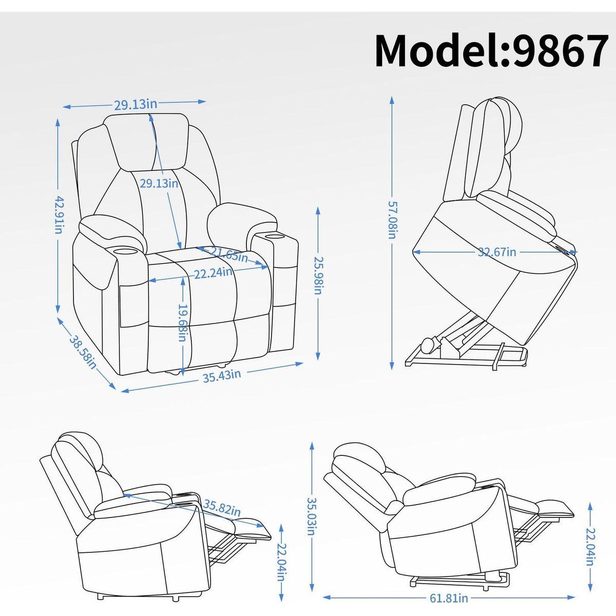 Okin motor Up to 350 LBS Chenille Power Lift Recliner Chair, Heavy Duty Motion Mechanism with 8-Point Vibration Massage and Lumbar Heating, USB and Type-C Ports, Stainless Steel Cup Holders, Brown