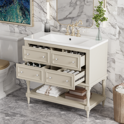 36" Bathroom Vanity Cabinet with Sink Combo Set, Undermount Resin Sink, Free Standing Vanity Set with 4 Drawers, Solid Wood Frame Bathroom Cabinet, Beige