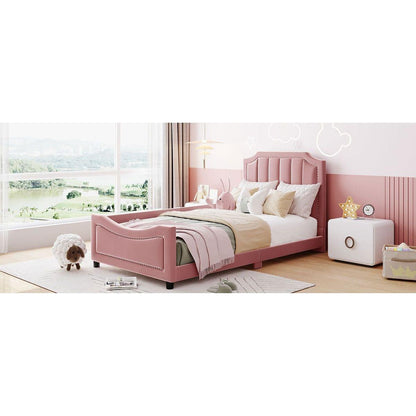 Twin Size Upholstered Daybed with Classic Stripe Shaped Headboard, Pink