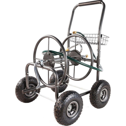 Garden Hose Reel Cart - 4 Wheels Portable Garden Hose Reel Cart with Storage Basket Rust Resistant Heavy Duty Water Hose Holder
