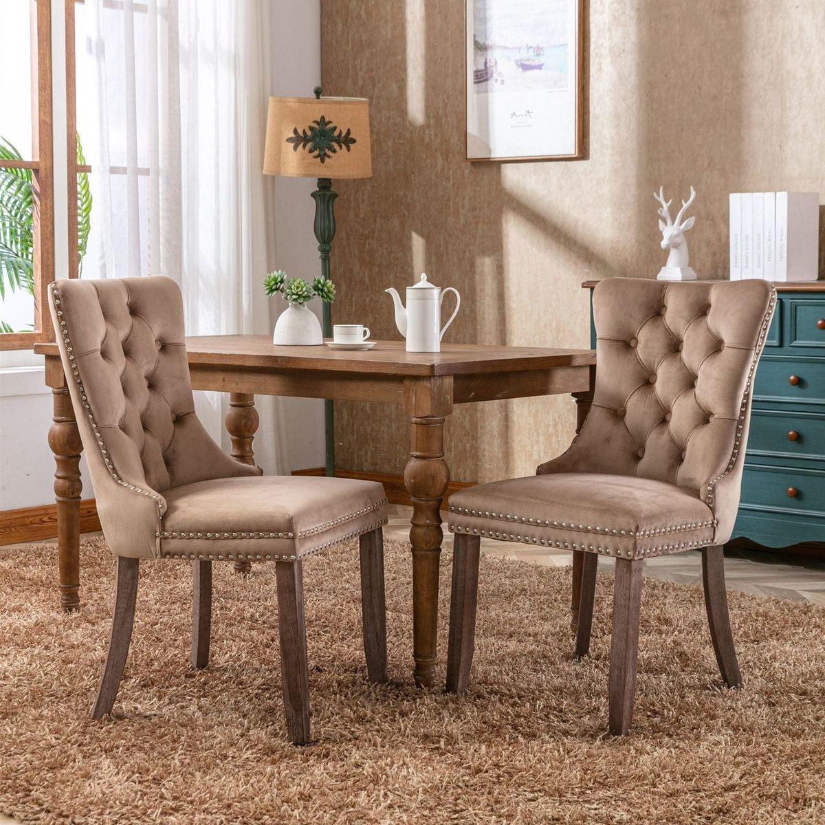 Nikki Collection Modern, High-end Tufted Solid Wood Contemporary Velvet Upholstered Dining Chair with Wood Legs Nailhead Trim 2-Pcs Set, Khaki