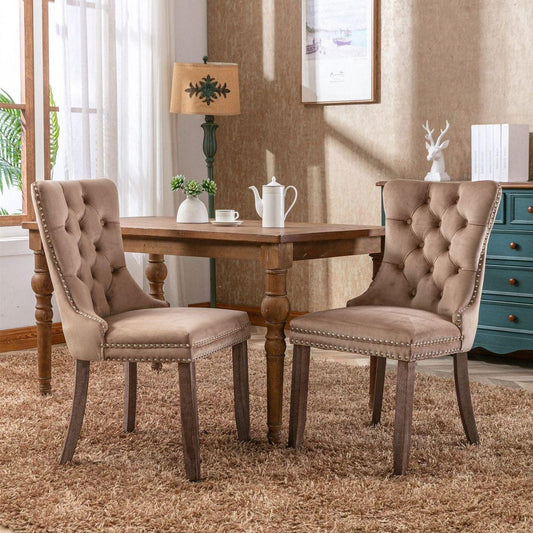 Nikki Collection Modern, High-end Tufted Solid Wood Contemporary Velvet Upholstered Dining Chair with Wood Legs Nailhead Trim 2-Pcs Set, Khaki