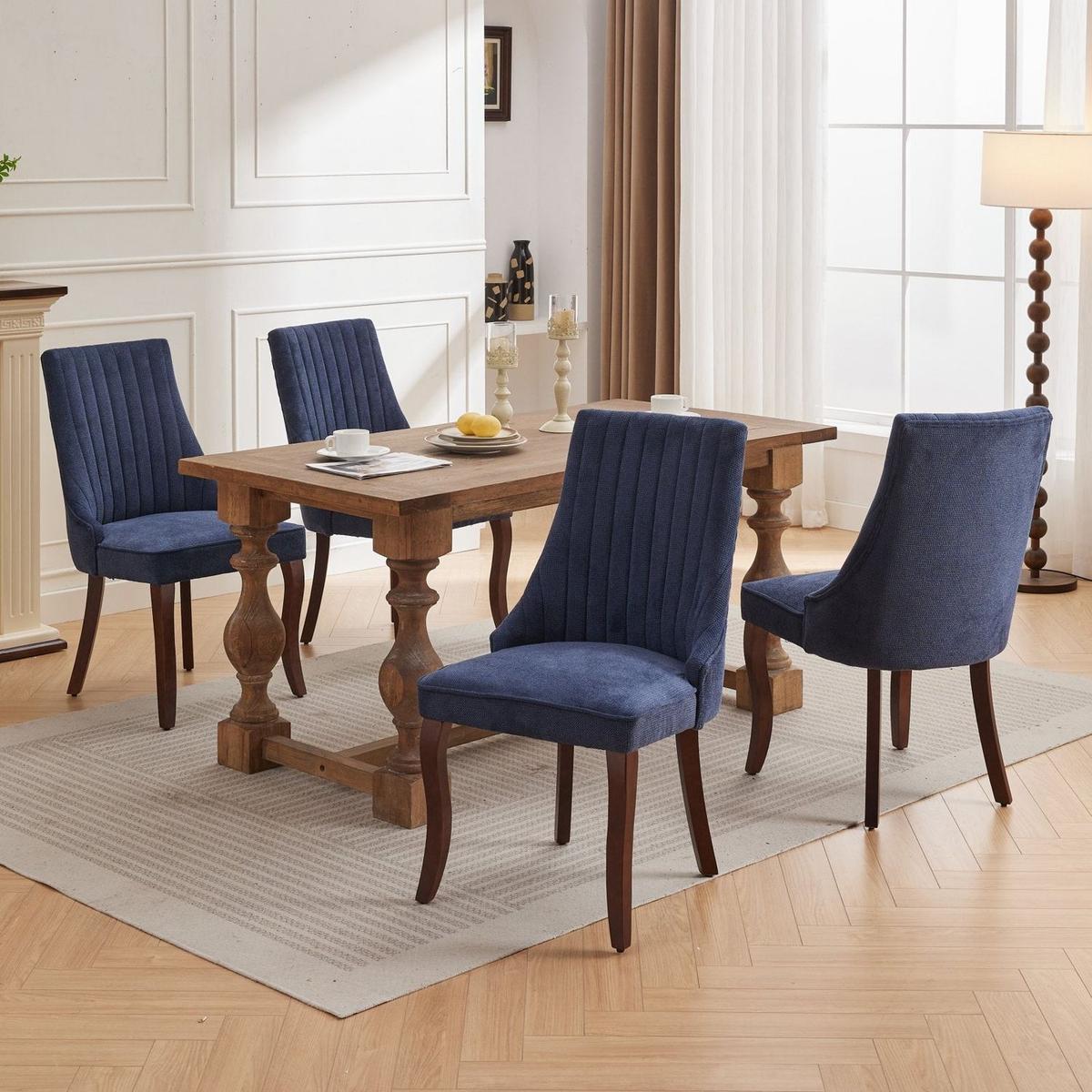 Rayon Cloth Flocking Linen Dining Chairs Channel Kitchen Dinner Chair Comfy Fabric Upholstered Accent Chair for Dining Room with Curved Solid Wood Legs,Set of 2 (Blue) - Streamdale Furniture