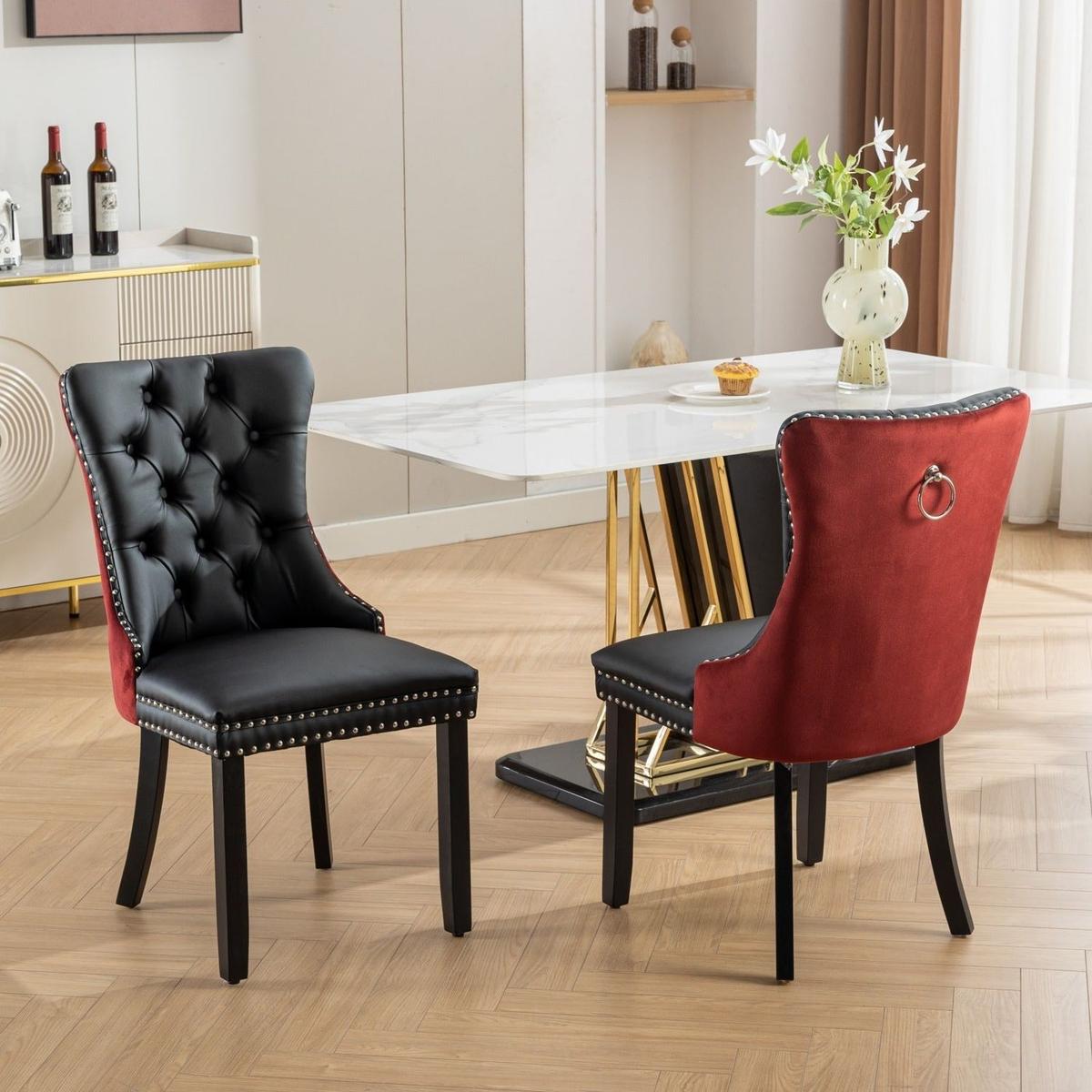 Nikki Collection Modern, High-end Tufted Solid Wood Contemporary PU and Velvet Upholstered Dining Chair with Wood Legs Nailhead Trim 2-Pcs Set, Black+WineRed, Burgundy