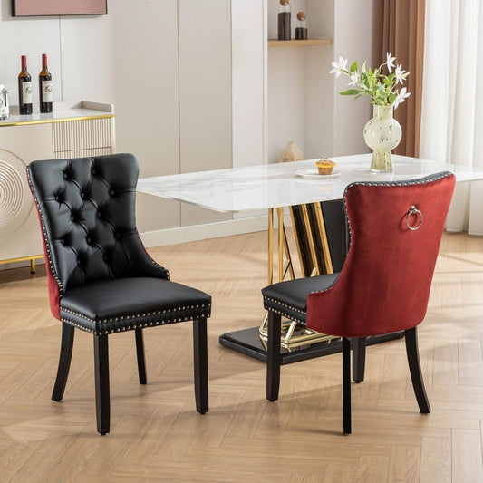 Nikki Collection Modern, High-end Tufted Solid Wood Contemporary PU and Velvet Upholstered Dining Chair with Wood Legs Nailhead Trim 2-Pcs Set, Black+WineRed, Burgundy