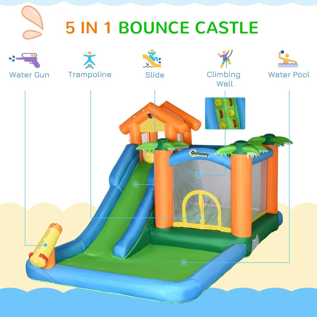 6-in-1 Tropical Inflatable Water Slide Summer Theme Jumping Castle Includes Floating Ball Slide Trampoline Pool Cannon Climbing Wall with Carry Bag, Repair Patches and 450W Air Blower