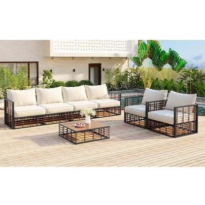 Modern Minimalist 7-Piece Metal Patio Sectional Sofa Set, All-Weather Garden Conversational Furniture Set with Thick Cushions and Coffee Table for Indoor Outdoor, Gray