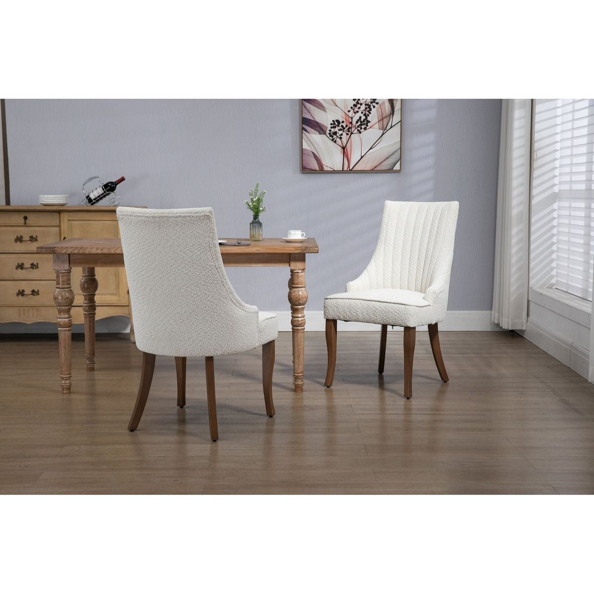 Exquisite White Boucle Upholstered Strip Back Dining Chair with Solid Wood Legs 2 Pcs