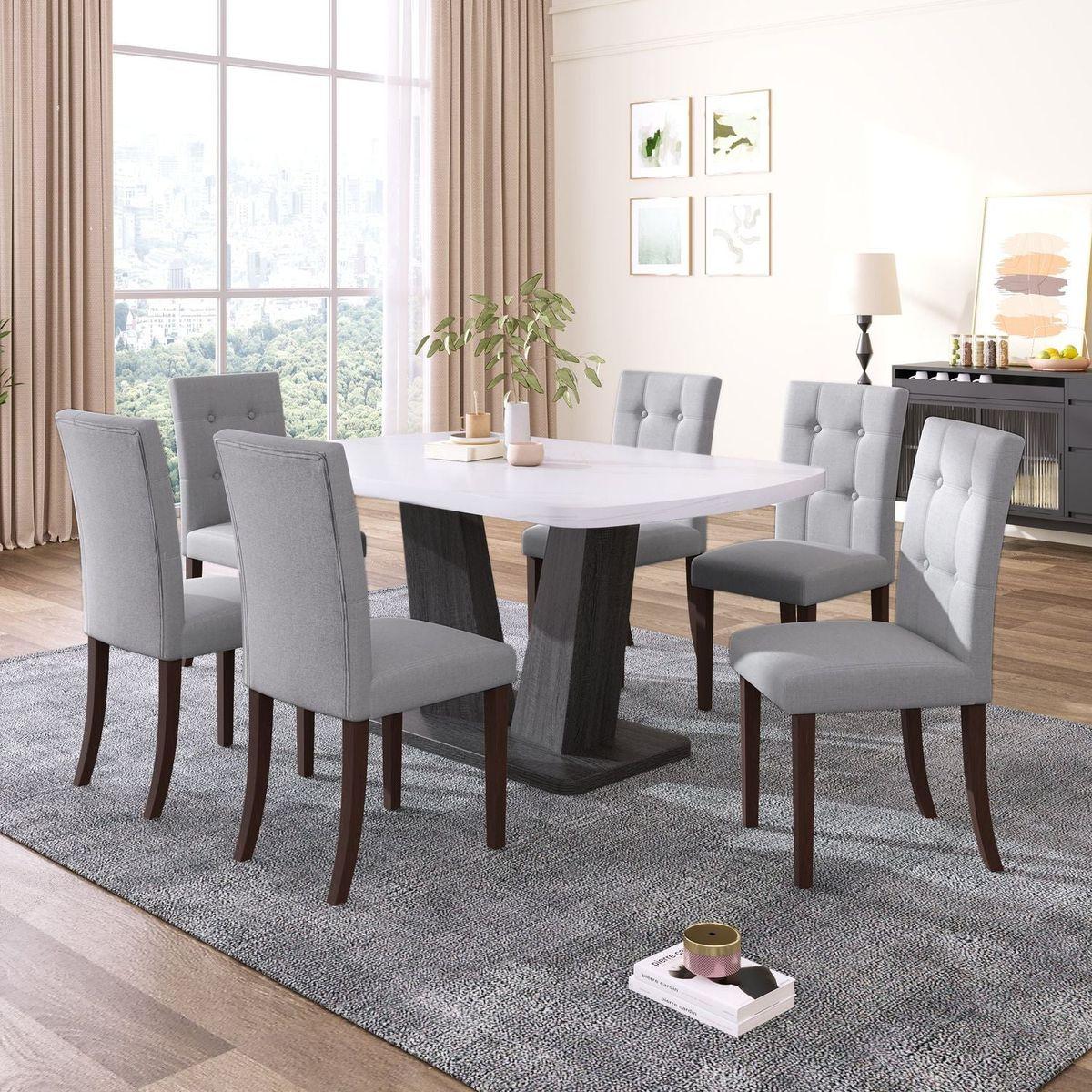 Linen Tufted Dining Room Chairs Set of 6, Accent Diner Chairs Upholstered Fabric Side Stylish Kitchen Chairs with Solid Wood Legs and Padded Seat - Gray