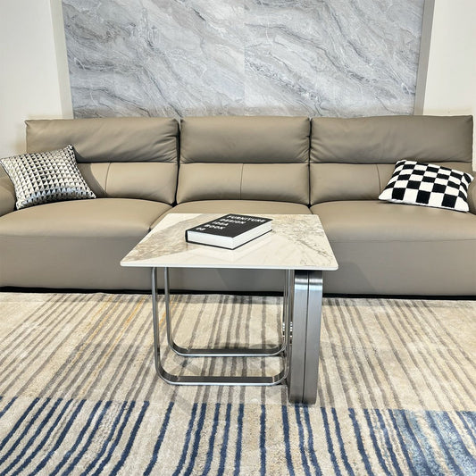 Rectangular End Table with Sintered Stone Top, Silver Metal Frame, for Living Room