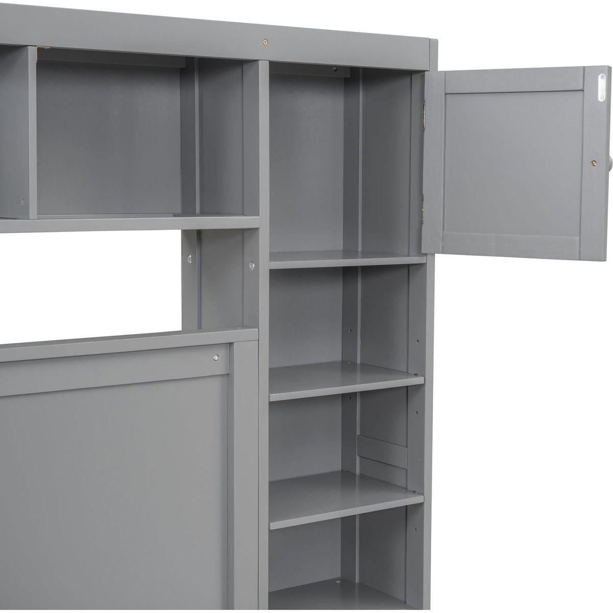 Queen Size Wooden Bed With All-in-One Cabinet, Shelf and Sockets, Gray