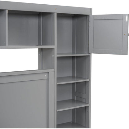 Queen Size Wooden Bed With All-in-One Cabinet, Shelf and Sockets, Gray