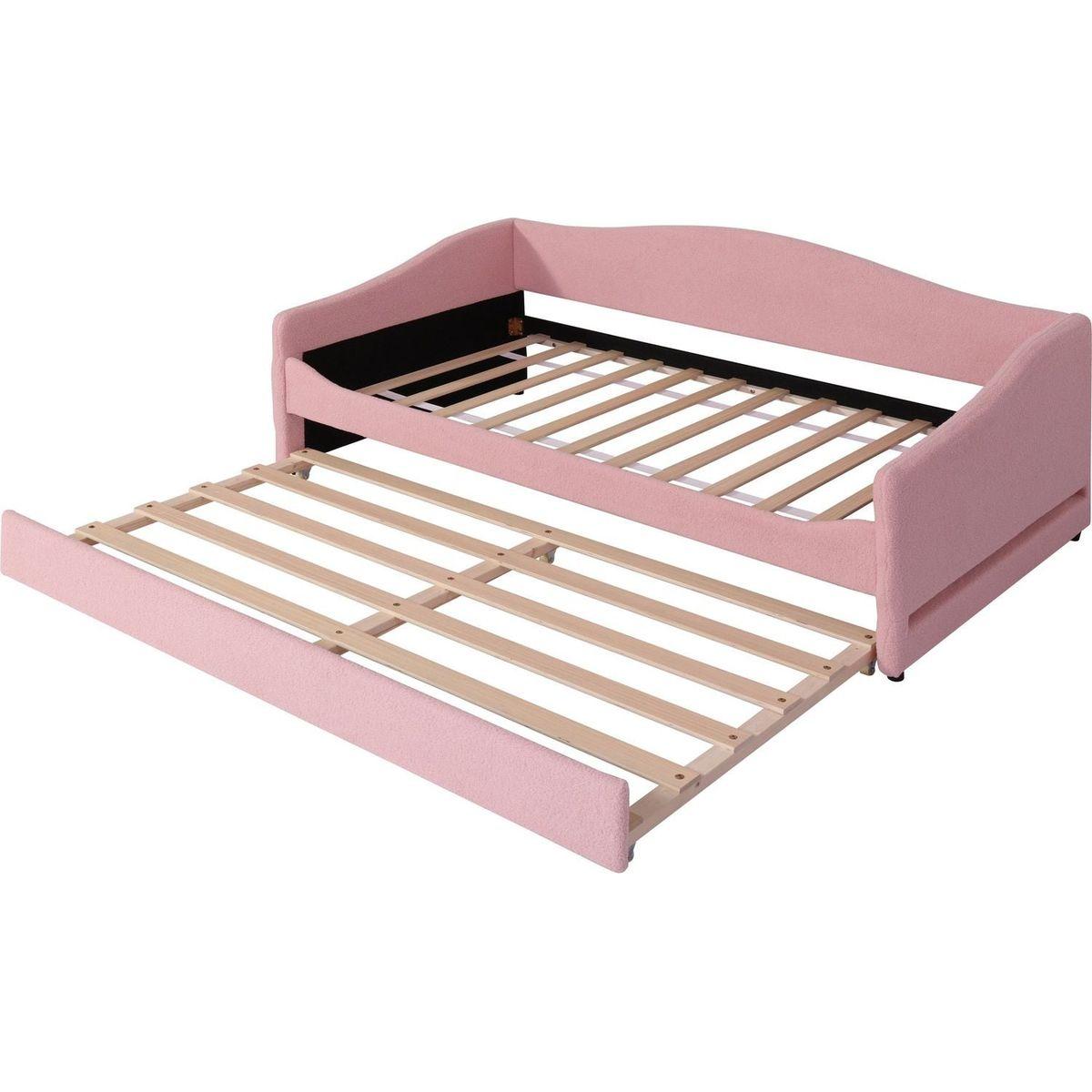Teddy Fleece Twin Size Upholstered Daybed with Light and Trundle, Pink