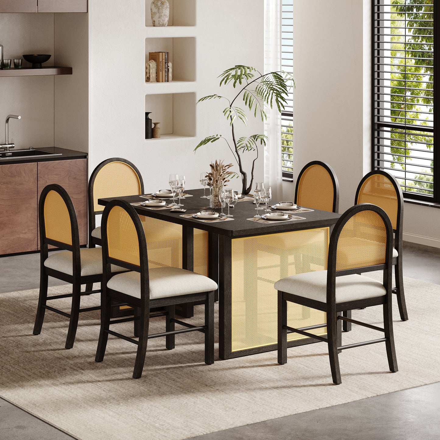 TREXM 7-Piece Farmhouse Dining Table Set for 6 - 59.8' Rectangular Dining Table with Distressed Oak Veneer and 6 Rattan Chairs, Rustic Kitchen Furniture for Dining Room(Espresso)