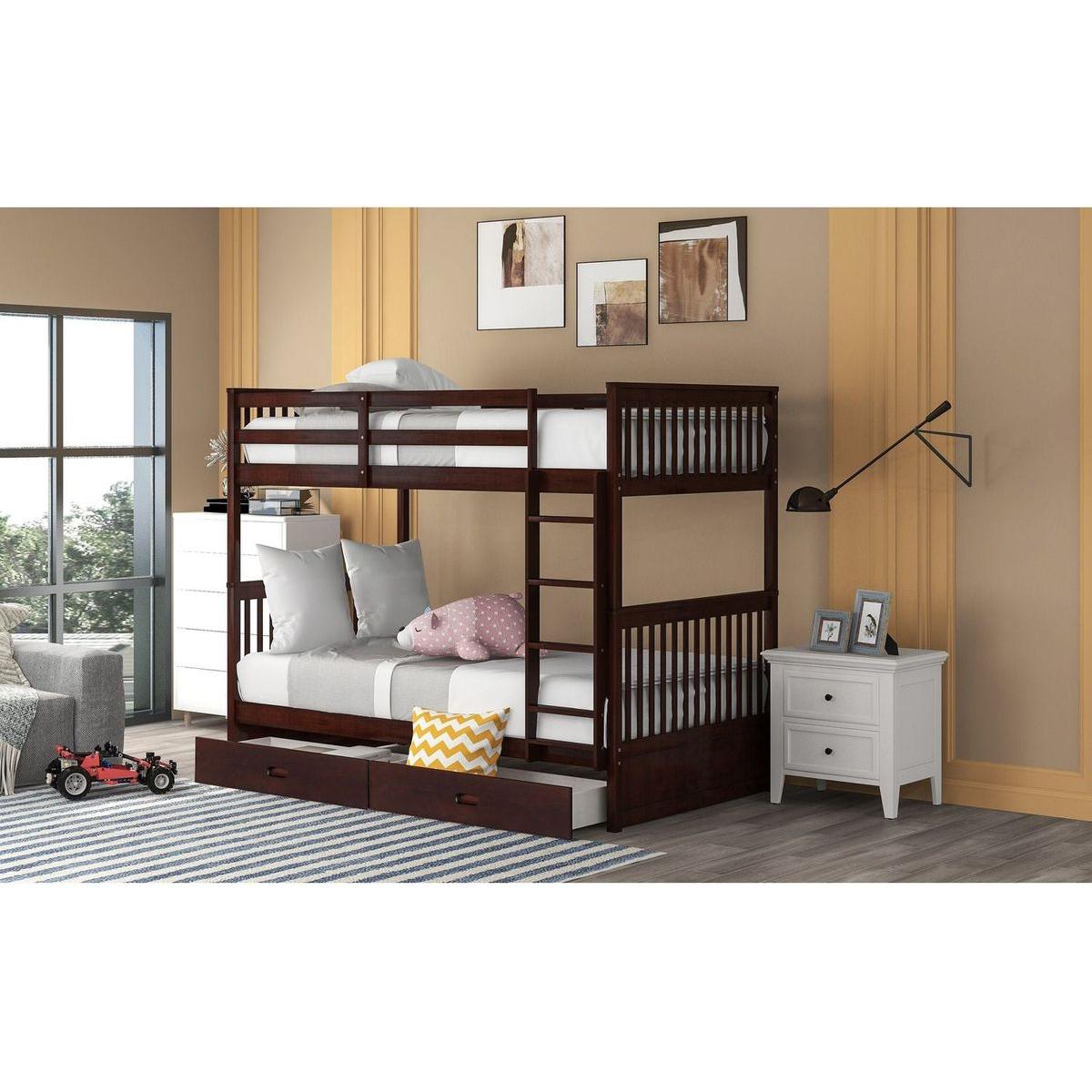 Twin-Over-Twin Bunk Bed with Ladders and Two Storage Drawers (Espresso)