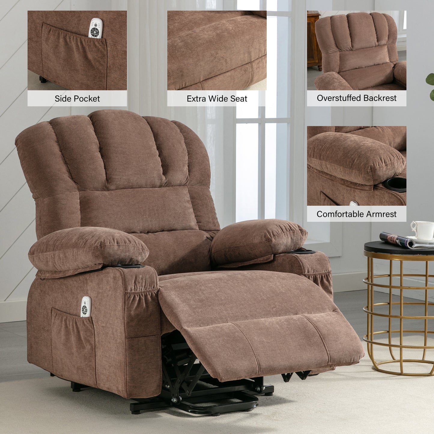 Power Lift Recliner Chair Recliners for Elderly with Heat and Massage Recliner Chair for Living Room with Infinite Position and Side Pocket,USB Charge Port.BROWN