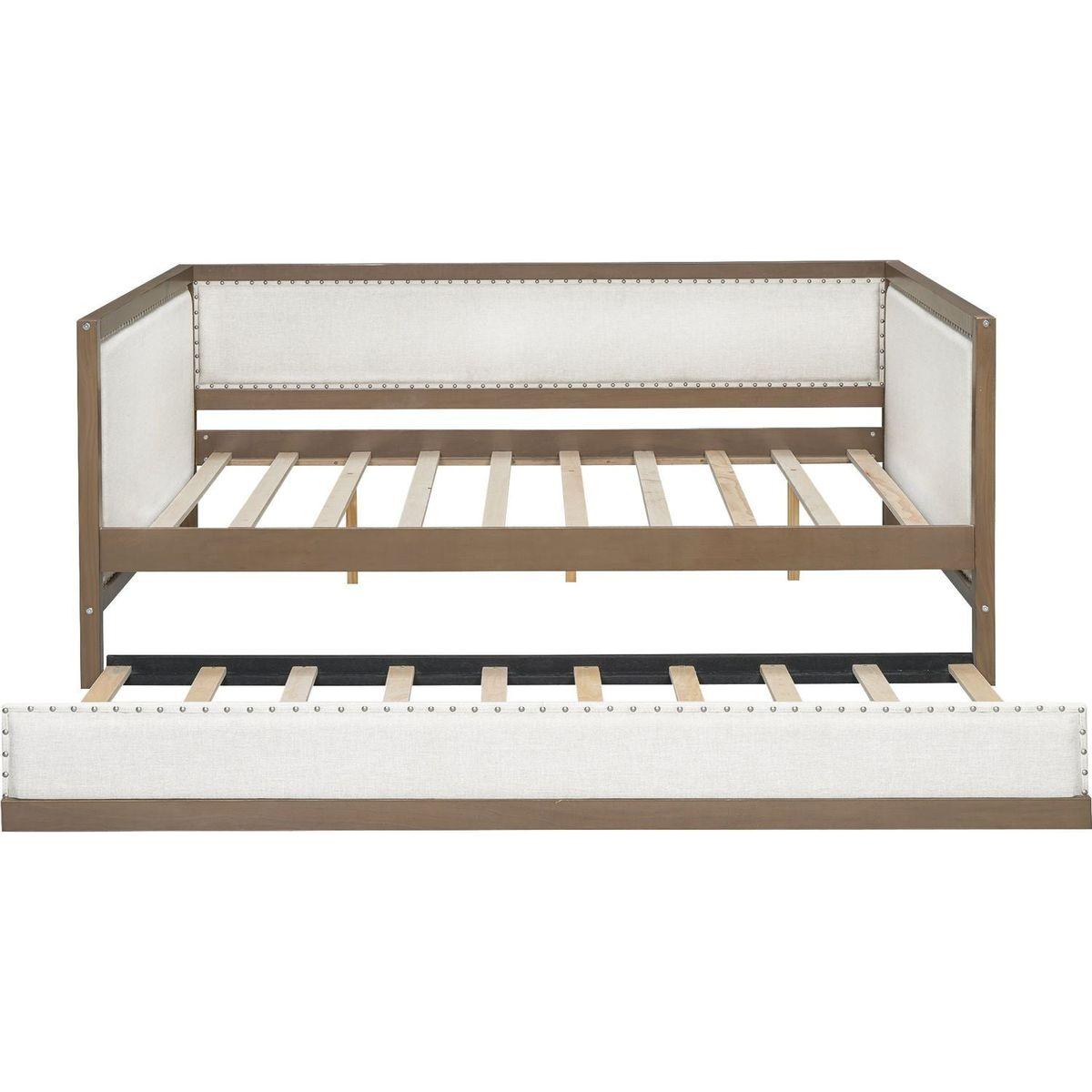 Full Size Upholstered Daybed with Trundle and Nailhead Decoration, Wood Color