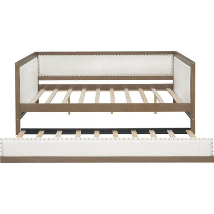 Full Size Upholstered Daybed with Trundle and Nailhead Decoration, Wood Color