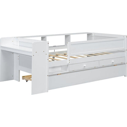 Multi-Functional Twin Daybed with Drawers and Trundle, Headboard Storage and Tables, USB Charging Station, White