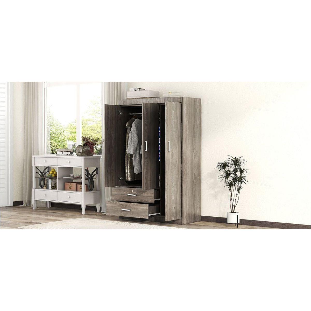 3-Door Wardrobe with 2 Drawers, Wood Grain Effect in Gray