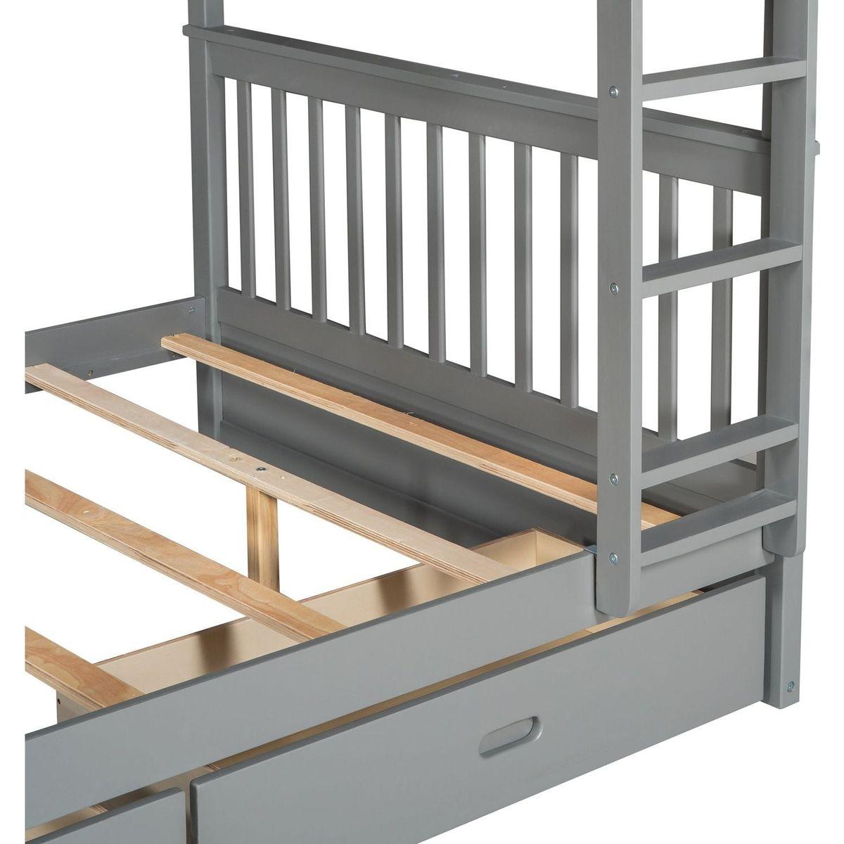 Full-Over-Full Bunk Bed with Ladders and Two Storage Drawers (Gray)