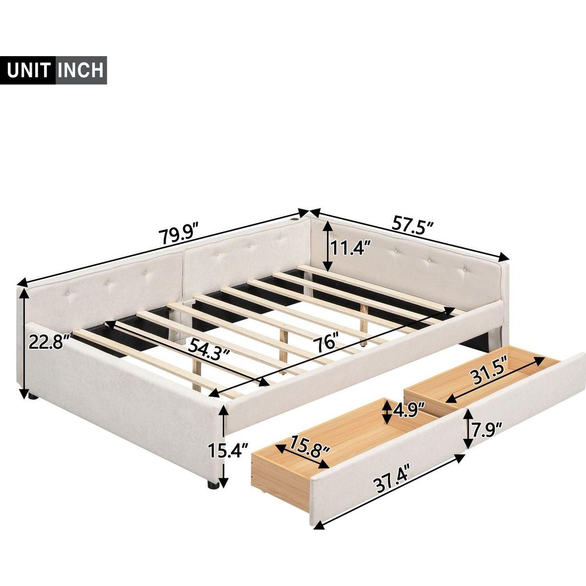 Full Size Upholstered Platform Bed with USB and 2 Drawers, Beige