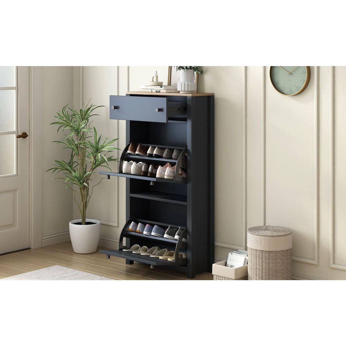 Functional Entryway Organizer with 2 Flip Drawers, Wood Grain Pattern Top Shoe Cabinet with Drawer, Free Standing Shoe Rack with Adjustable Panel for Hallway, Black