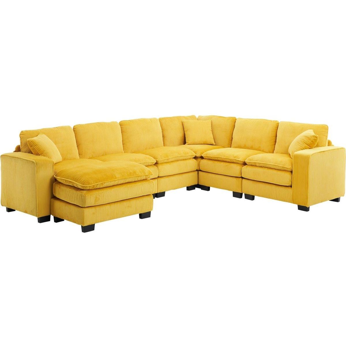Modern U Shaped 6-seat Sectional Sofa Couch with one Ottoman and three toss pillows, Modular Sofa for Living Room,Corduroy sofa