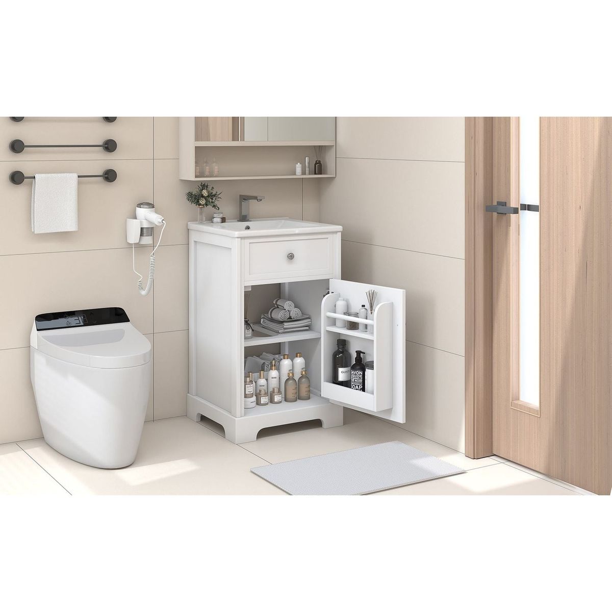 20" Bathroom Vanity with Sink, Bathroom Cabinet with Soft Closing Door, Storage Rack and Adjustable Shelve, White