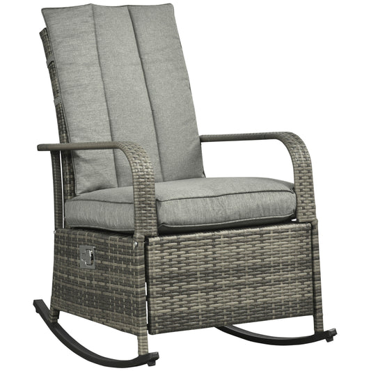 Outdoor Rattan Rocking Chair Patio Recliner with Soft Cushions, Adjustable Footrest, Max. 135 Degree Backrest, PE Wicker, Gray