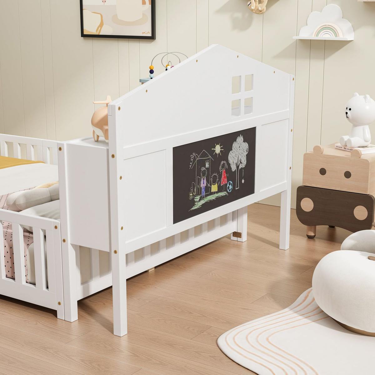 Full-size Floor Beds with Bookcases and Blackboards, Versatile Platform Beds with Guard rails, Solid Wood Floor Beds with Storage Headboards, Floor Beds for Kids and Teens White