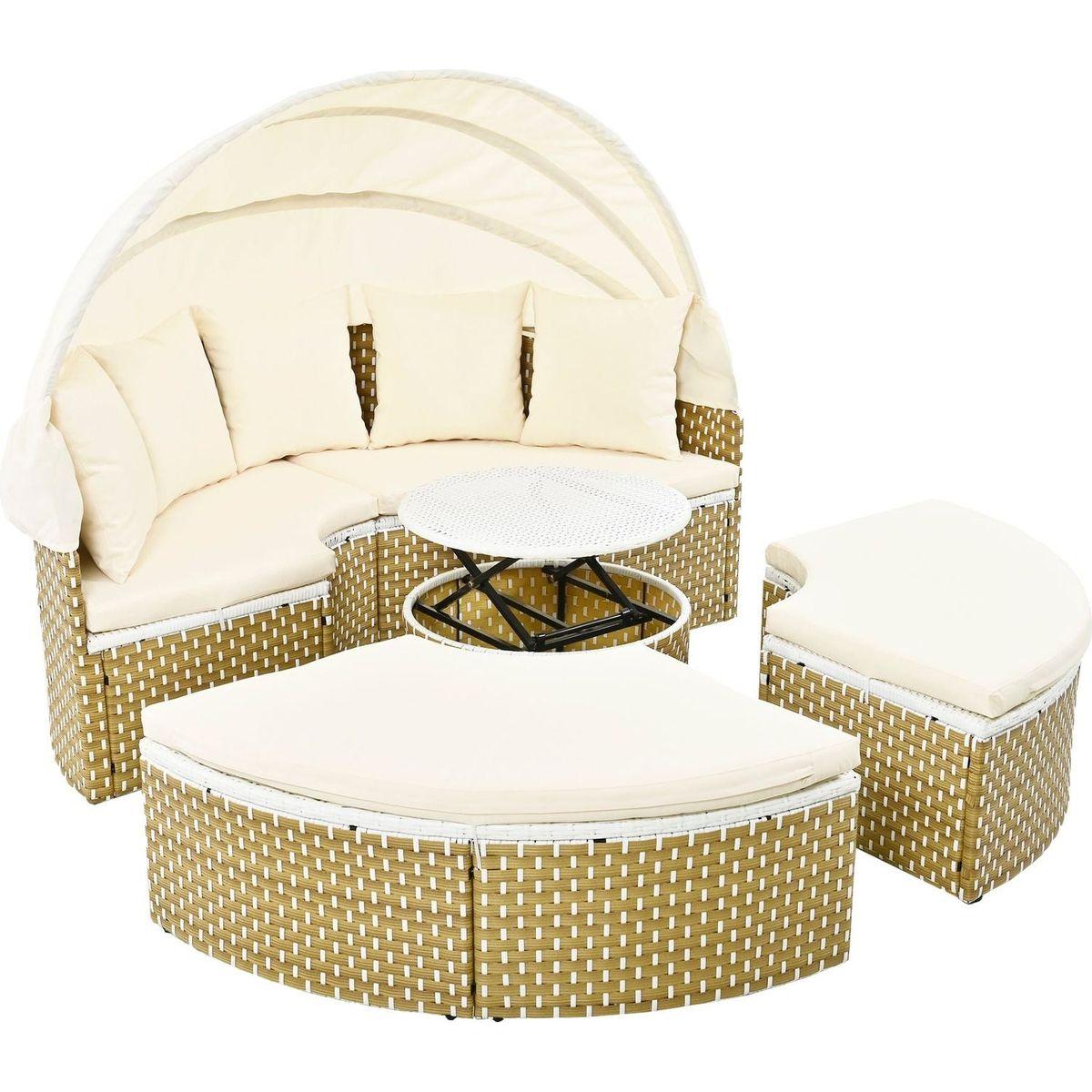 Patio Furniture Round Outdoor Sectional Sofa Set Rattan Daybed Two-Tone Weave Sunbed with Retractable Canopy, Separate Seating and Removable Cushion, Beige