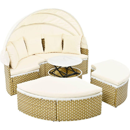 Patio Furniture Round Outdoor Sectional Sofa Set Rattan Daybed Two-Tone Weave Sunbed with Retractable Canopy, Separate Seating and Removable Cushion, Beige