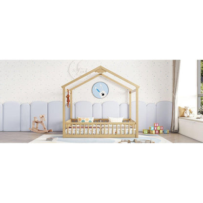 Double Twin House-Style Floor Bed with Fence, Guardrails, without door, Natural