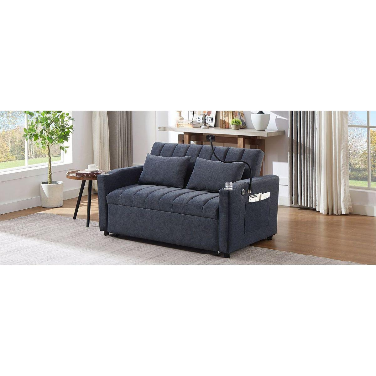 55.9" Convertible Sofa Bed Loveseat Sofa with Three USB Ports, Two Side Pockets, Two Cup Holders and 360Swivel Phone Holder for Living Room, Blue Grey