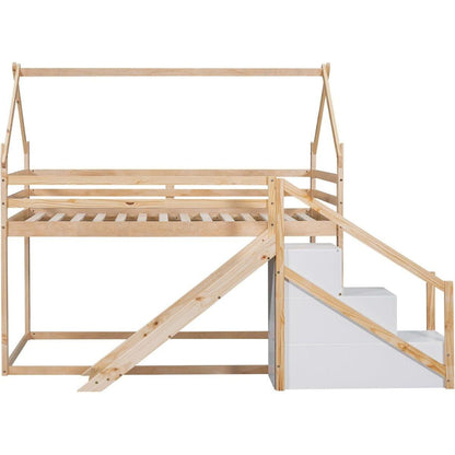 Twin over Twin House Loft or Bunk Bed with Slide and Staircase, Natural