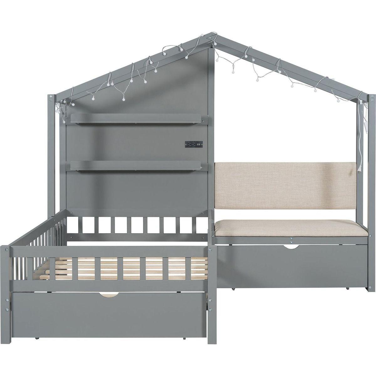 Twin Size House Bed with Upholstered Sofa, House Bed with Charging Station, Wireless Charging, Shelves and Two Drawers, Gray