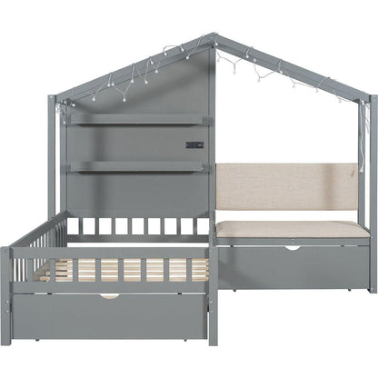 Twin Size House Bed with Upholstered Sofa, House Bed with Charging Station, Wireless Charging, Shelves and Two Drawers, Gray