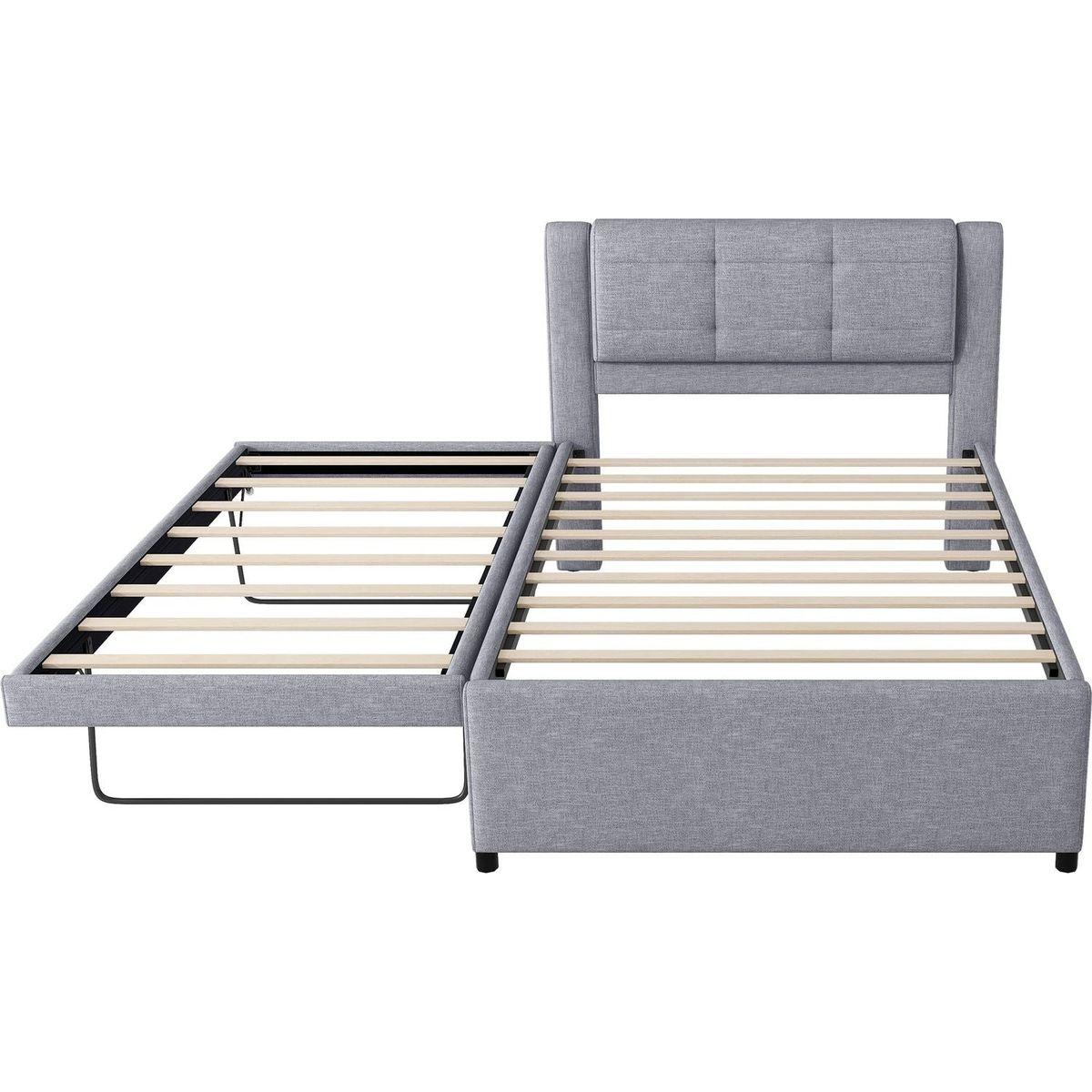 Full Size Upholstery platform bed with Trundle,Trundle can be flat or erected, Gray