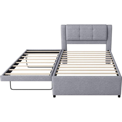 Full Size Upholstery platform bed with Trundle,Trundle can be flat or erected, Gray