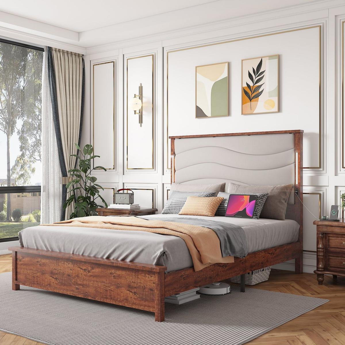 King Size Bed Frame with Upholstered Headboard, King Bed Frame with Charging Station and LED Lights, Wood Slats, Dark Gray Linen, No Box Spring Needed, Easy Assembly