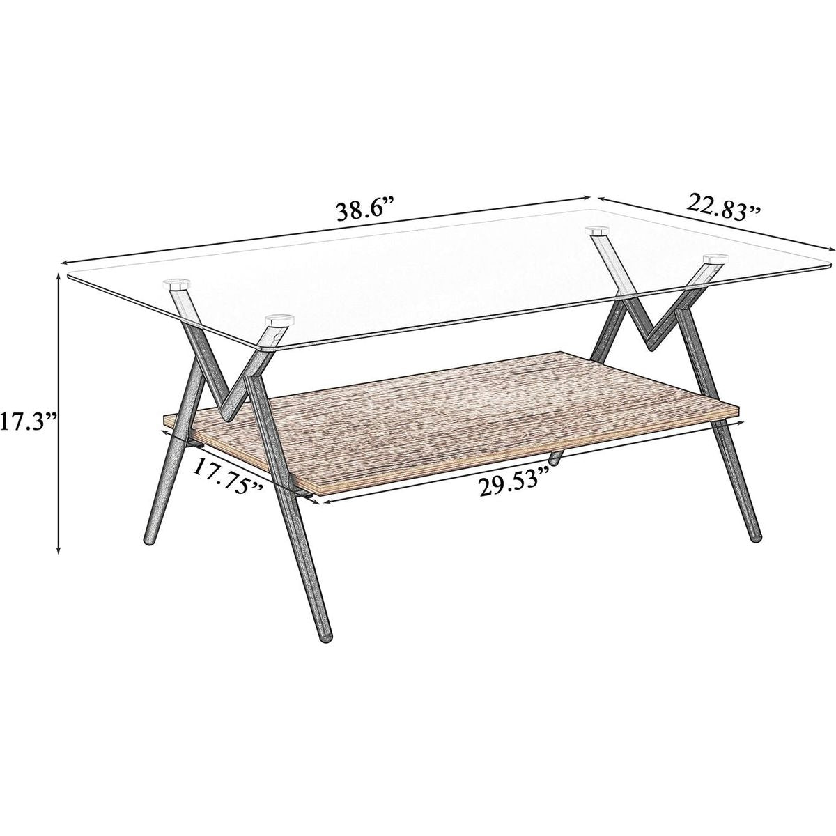 Rectangle Coffee Table with Tempered Glass top and Brown MDF Shelf, Modern Table for Living Room, Gray Glass