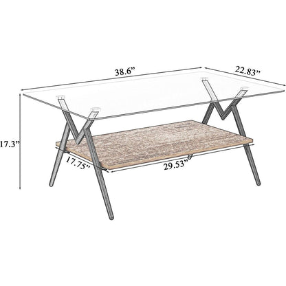 Rectangle Coffee Table with Tempered Glass top and Brown MDF Shelf, Modern Table for Living Room, Gray Glass