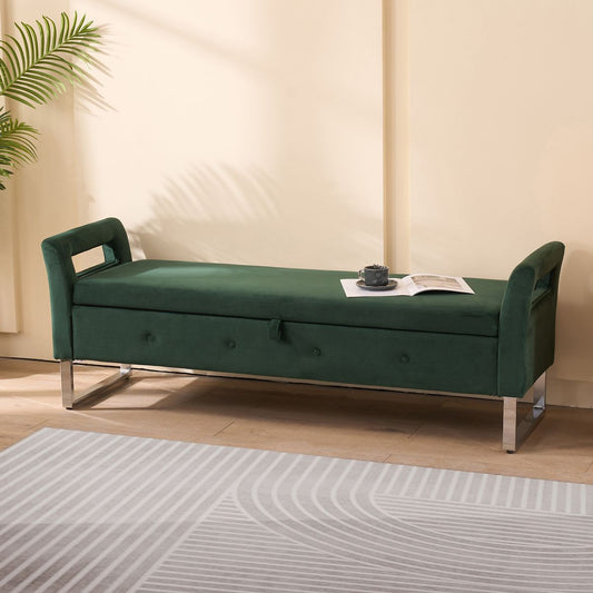 67.91'Wide Velvet Storage Soft Bench with Armrests  for Living Room, Entryway and Bedroom. GREEN