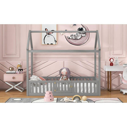 Twin Size Wood House Bed with Fence and Door, Gray