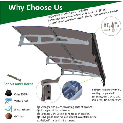 GarLUGH DA7934C Series Door Window Awning Canopy Made of 0.137 Inch Thick Crystal Solid Polycarbonate Sheet and Aluminum Alloy with Valance in size of 79" Wide x 34" Deep for Masonry Concrete Wall