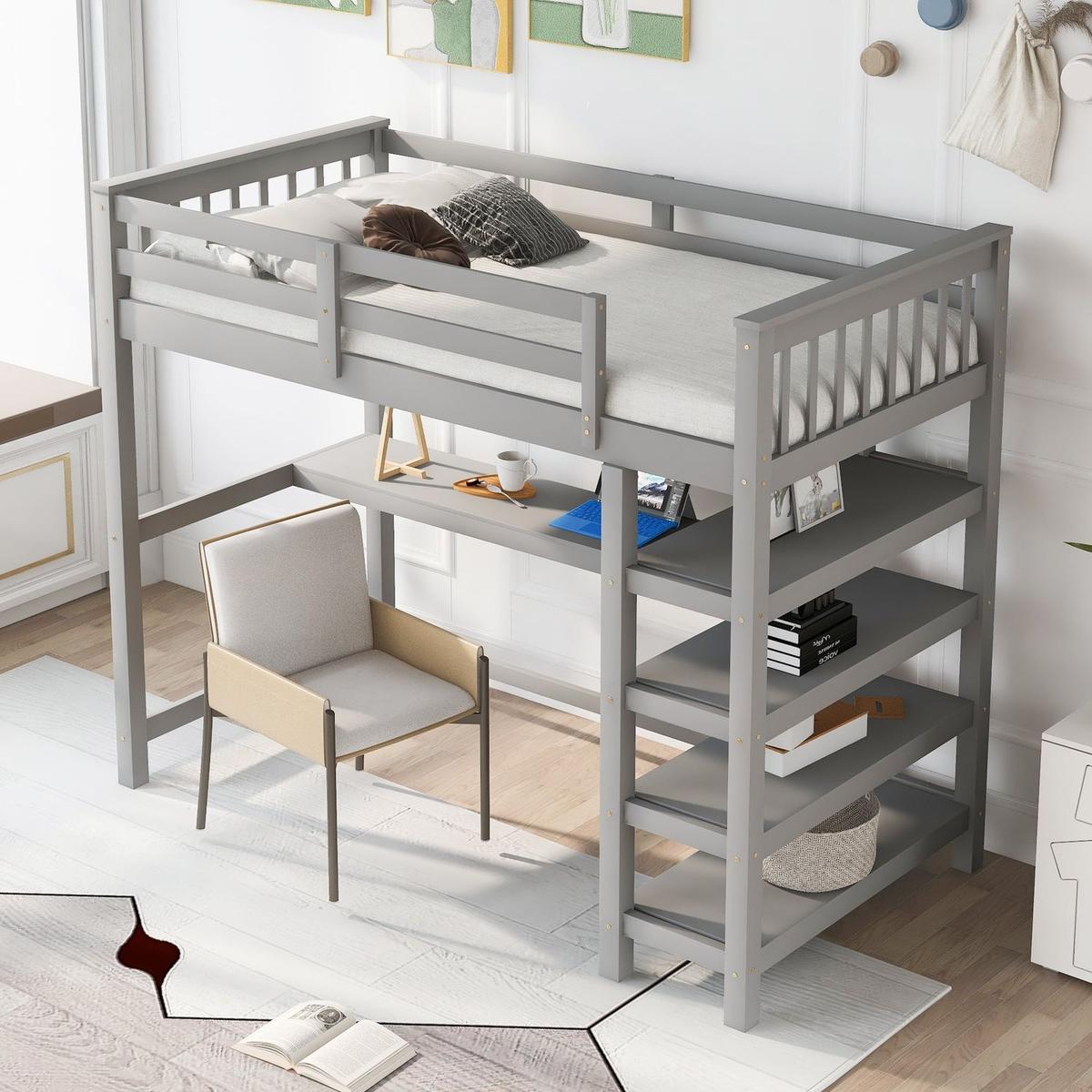 Twin Size Loft Bed with Storage Shelves and Under-bed Desk, Gray