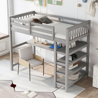 Twin Size Loft Bed with Storage Shelves and Under-bed Desk, Gray